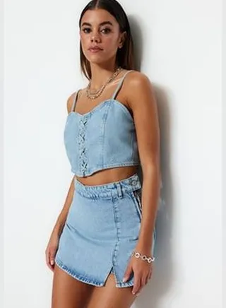Blue Denim Skirt with Shorts