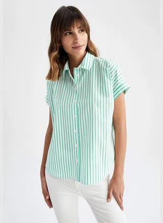 Regular Fit Short Sleeve Striped Poplin Shirt