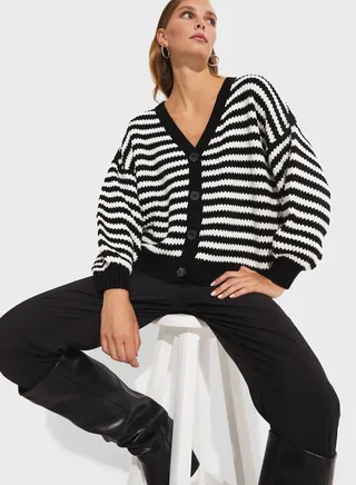 V-Neck Striped Knitted Cardigan