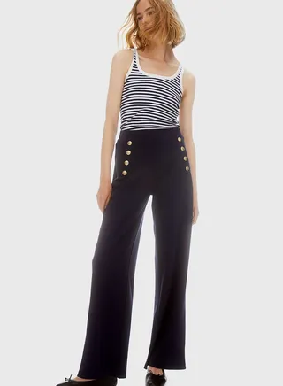 Button Detail Wide Leg Pants
