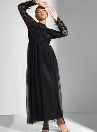 Fringe Sleeve Tiered Mesh Dress