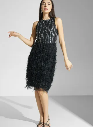 Feather Detail Embellished Mini Dress