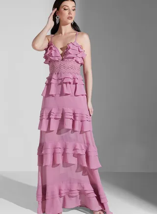 Plunge Neck Ruffle Dress