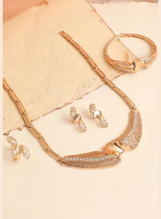Gold Plated Designer Stone Necklace, Earring, Ring and Bracelet Set