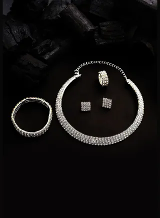 Silver Plated Designer Stone Necklace, Earrings, Bracelet and Ring Set