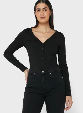 Ribbed Button Detail Top