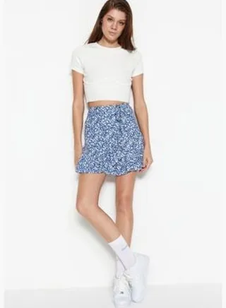 Indigo Printed Ruffle High Waist Mini Stretch Knitted Skirt TWOSS21ET0010