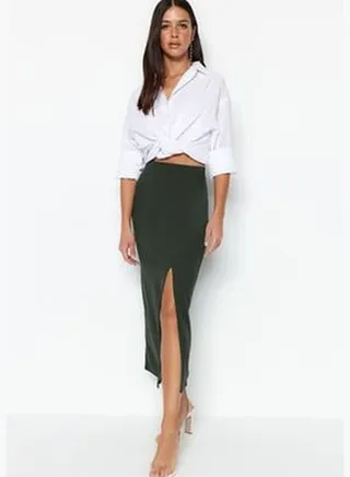 Khaki Smart Crepe Maxi High Waist Elastic Knitted Skirt With Slit Detail TWOSS23ET00351