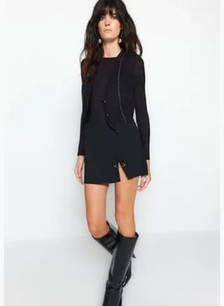 Black Knitted Mini Skirt With A Slit TWOAW24ET00105