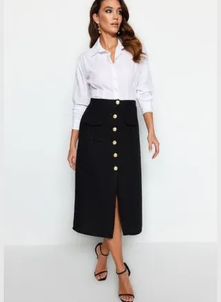 Black Tweed Fabric and Button Midi Skirt TWOAW24ET00223