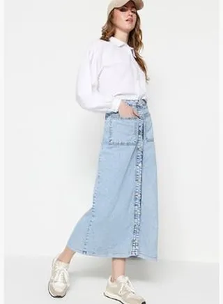 Light Blue Double Pocket High Waist Denim Jeans Skirt TCTSS23EE00002