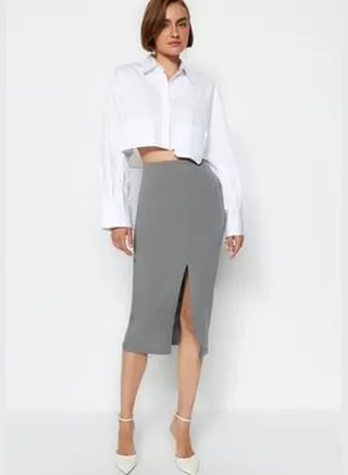 Gray Textured Crepe Pencil Skirt with a Slit in the Front, Flexible Knitted Skirt TWOAW24ET00138.