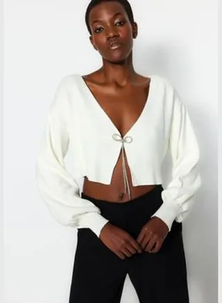 Ecru Super Crop Basic Knitwear Cardigan TWOAW24HI00315