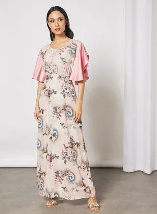 Jalabiya With Floral Embroidery In Short Sleeves With Belt