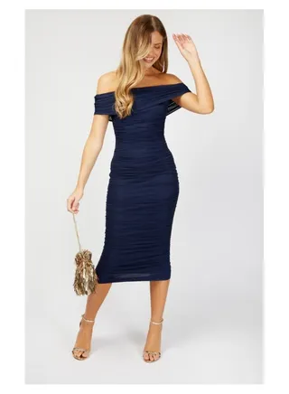 Navy Bardot Ruched Midi-Little Mistress