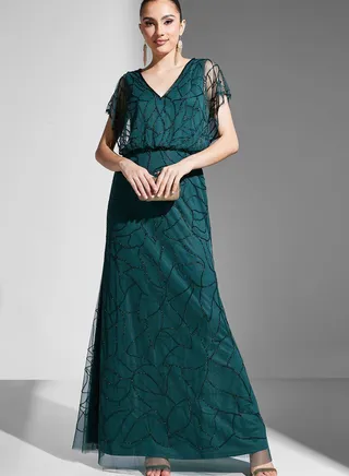 Embroidered Mesh Flared Sleeve Dress