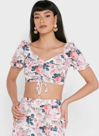 Floral Print Ruched Crop Top