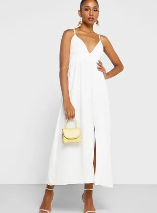 Plunge Neck Front Slit Dress