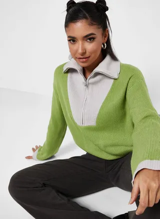 Colorblock Intarsia Sweater With Collar