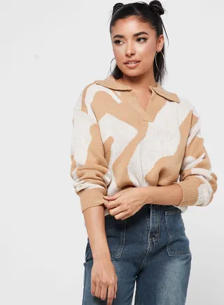Swirl Intarsia Sweater With Collar