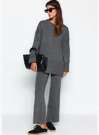 Anthracite Comfortable Knitwear Top-Top Set TCTAW24US00114