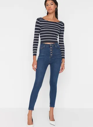 Button Detail High Waist Jeans