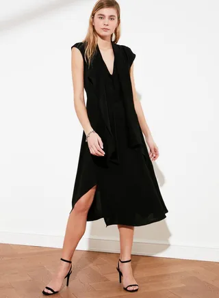 Pleated V-Neck Shift Dress