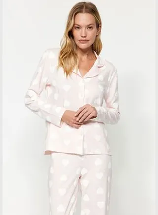 Powder Premium Heart Puffy Print Shirt-Pants Knitted Pajamas Set THMAW24PT00253