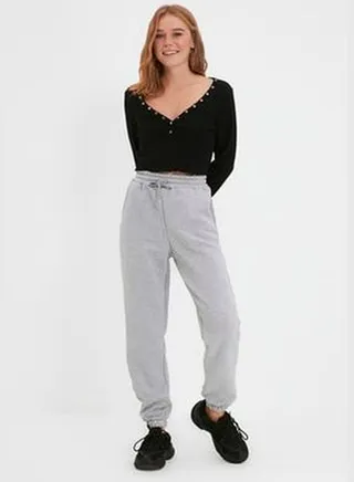 Gray Melange Thick Fleece Inside Basic Knitted Sweatpants TWOAW22EA0468.