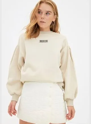 Stone Thick Fleece Inside Minimal Printed Balloon Sleeves Knitted Sweatshirt TWOAW22SW1864