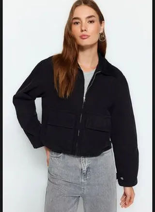 Black Trucker Denim Jacket with Pocket Detailed Velvet Collar TWOAW24CE00089