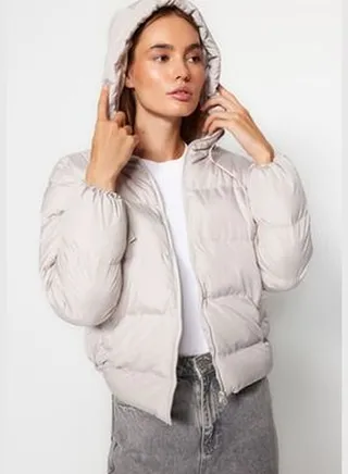 Gray Oversize Hooded Puffy Coat TWOAW21MO0022