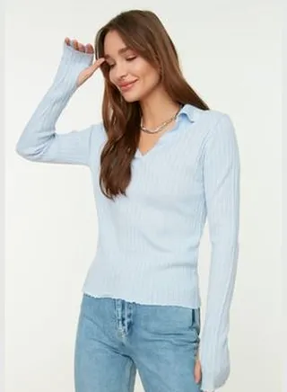 Light Blue Polo Collar Knitwear Sweater TWOAW21KZ1113