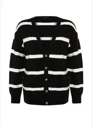 Black Wide Fit Soft Textured Striped Knitwear Cardigan TWOAW23HI00191
