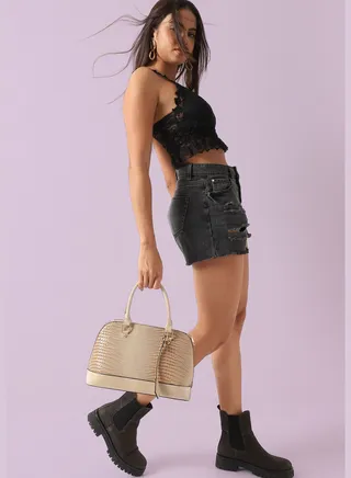 Textured Zip Lock Regular Faux Leather Hand Bag with Detachable Strap For Women