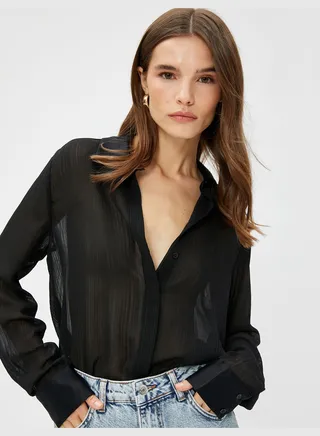 Satin Neck Detail Chiffon Long Sleeve Shirt