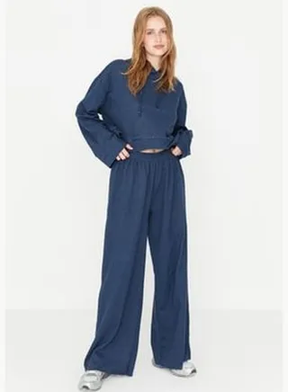 Navy Blue Wide Fit Wide Leg Knitted Tracksuit Set TWOSS21EM0026