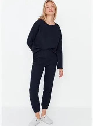 Navy Blue Textured Knitted Pajamas Set THMAW23PT00021