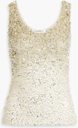 Embellished cotton-blend tulle tank