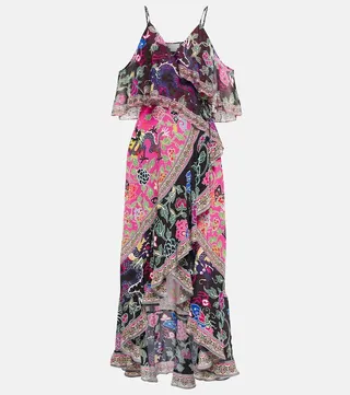 Printed off-shoulder silk midi dress