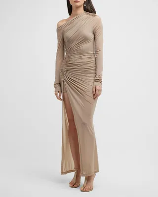 Dimitra Ruched One-Shoulder Mesh Maxi Dress