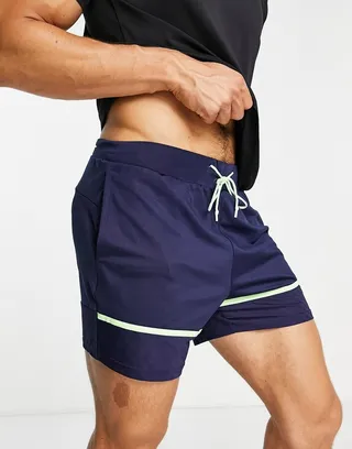 Puma Training 5-inch shorts with yellow piping in navy stripe