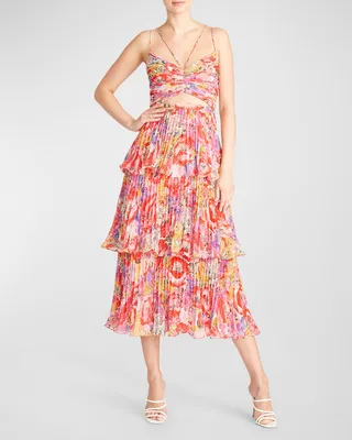 Luke Pleated Frill Tiered Floral Midi Dress
