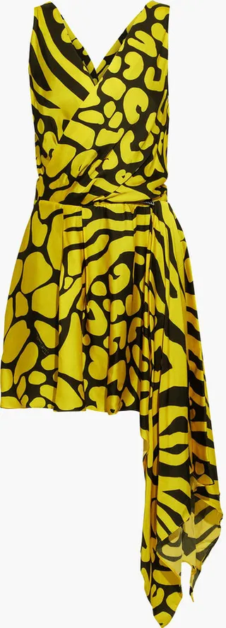 Asymmetric wrap-effect printed satin mini dress
