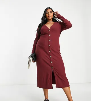 ASOS DESIGN Curve super soft button through cardigan midi dress in burgundy
