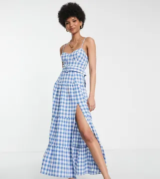 ASOS DESIGN Tall tiered belted maxi sundress in blue gingham