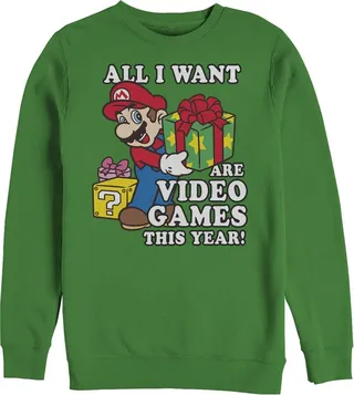 Men's Nintendo Christmas Mario All I Want Are Video Games Sweatshirt - Kelly Green - 3X Large