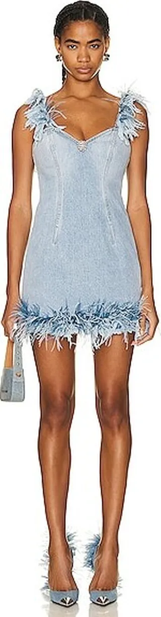 AREA Frayed Denim Feather Mini Dress in Blue