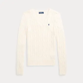 White cable knit v-neck sweater with small frontal embroidered logo from Polo Ralph Laurent.