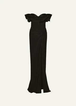 Off-The-Shoulder Ruched Thigh-Slit Bustier Gown